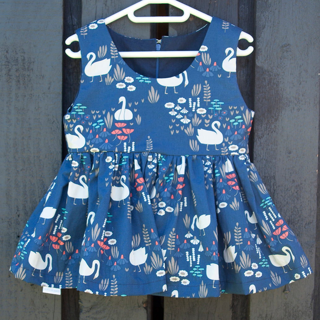 Girls Organic Cotton Dress – Navy Swans - 2 Years