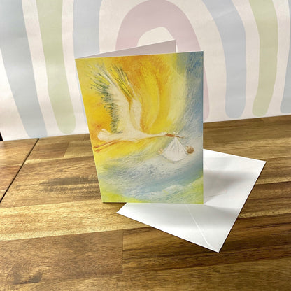 Greeting Card - Stork Carrying Baby