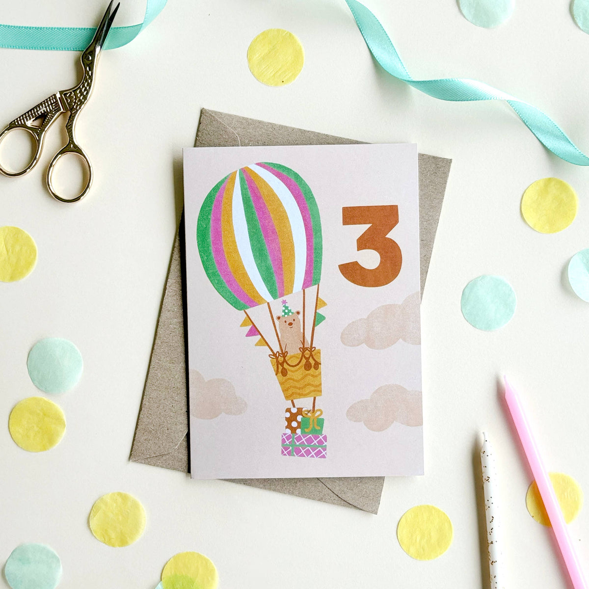 Birthday Card - Age 3 - Balloon Bear